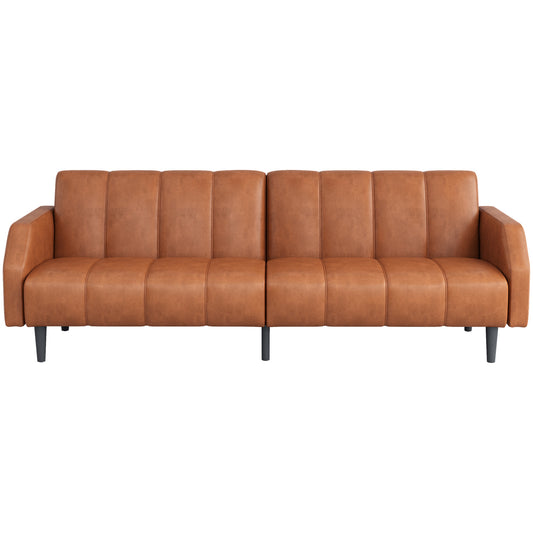 Leather Futon Sofa Bed Couch, Piano Key Design 78“ Queen Futon Set, Adjustable Backrest, Sleeper Sofa Couch, Modern Decor Love Seat Couches, Upholstered Loveseat for Living Room, Bedroom,Orange