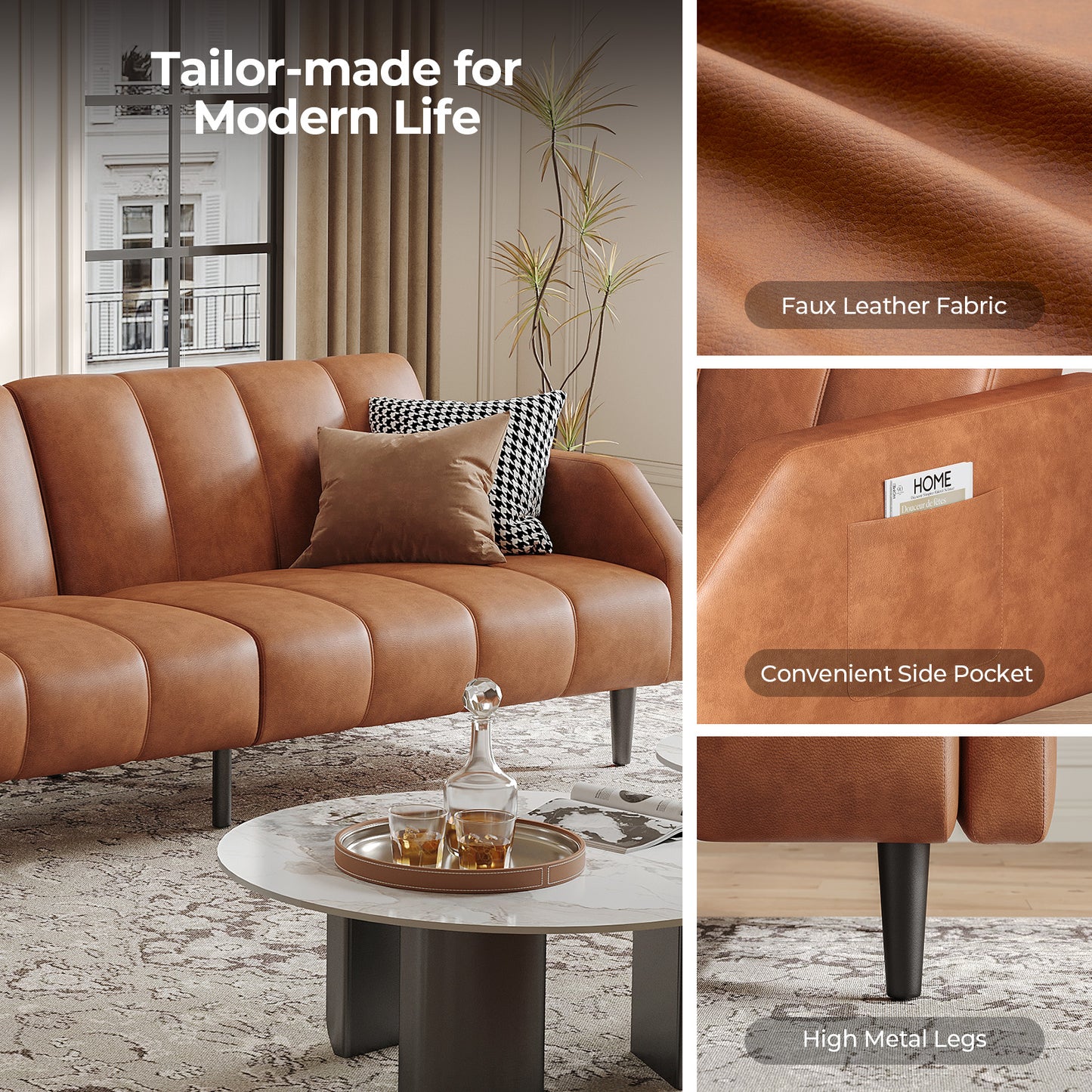 Leather Futon Sofa Bed Couch, Piano Key Design 78“ Queen Futon Set, Adjustable Backrest, Sleeper Sofa Couch, Modern Decor Love Seat Couches, Upholstered Loveseat for Living Room, Bedroom,Orange