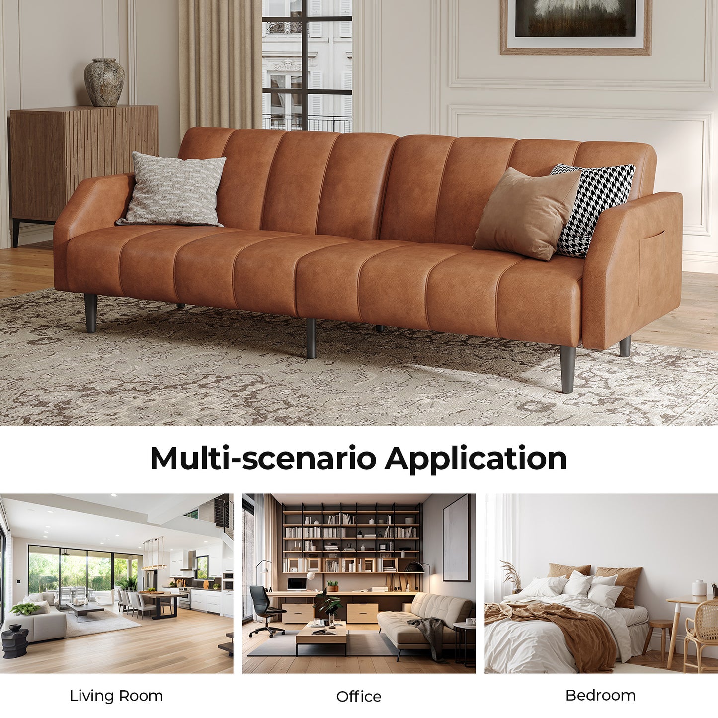 Leather Futon Sofa Bed Couch, Piano Key Design 78“ Queen Futon Set, Adjustable Backrest, Sleeper Sofa Couch, Modern Decor Love Seat Couches, Upholstered Loveseat for Living Room, Bedroom,Orange