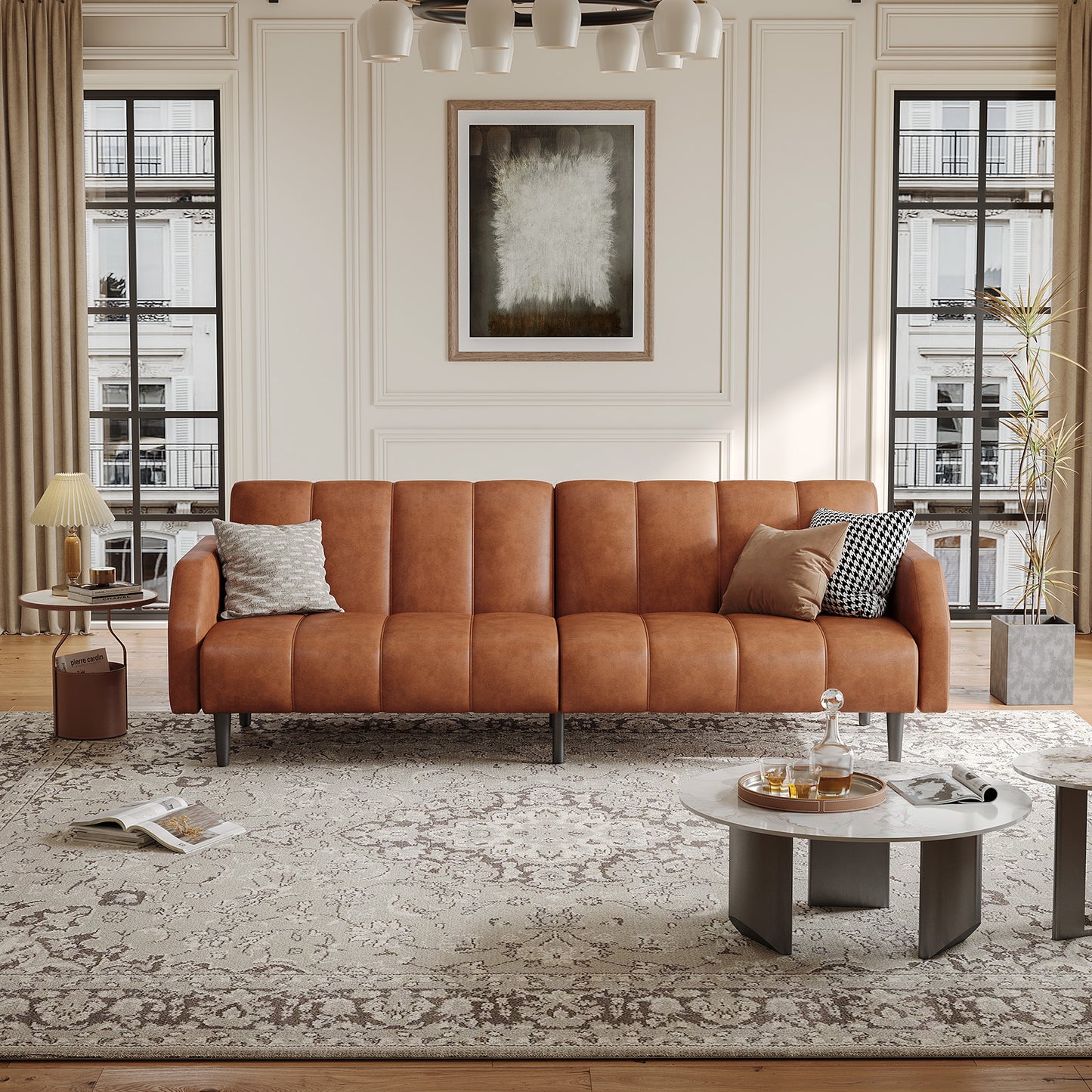 Leather Futon Sofa Bed Couch, Piano Key Design 78“ Queen Futon Set, Adjustable Backrest, Sleeper Sofa Couch, Modern Decor Love Seat Couches, Upholstered Loveseat for Living Room, Bedroom,Orange