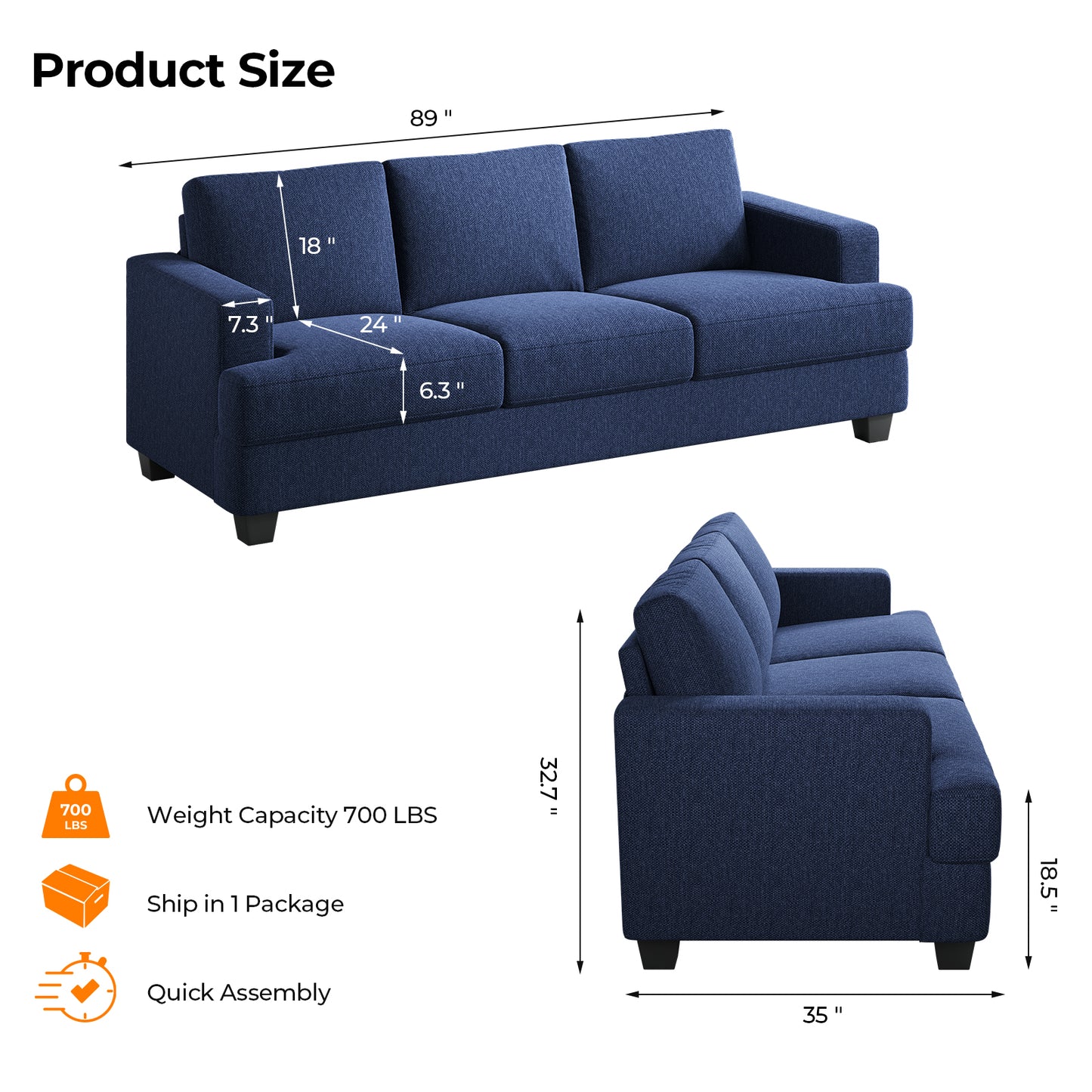 3 Seater Sofa Oversize, 89" Extra Large Size Sofa Couch with Extra Deep Seats, Modern Loveseat Sofa, Comfortable Fabric, Easy to Install, for Living Room Apartment Lounge, Gray