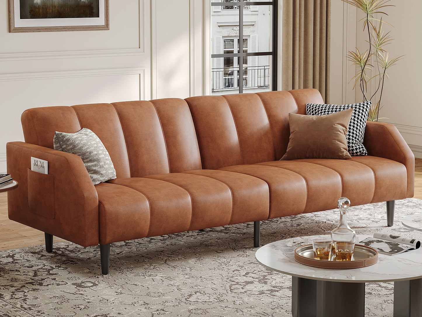 Leather Futon Sofa Bed Couch, Piano Key Design 78“ Queen Futon Set, Adjustable Backrest, Sleeper Sofa Couch, Modern Decor Love Seat Couches, Upholstered Loveseat for Living Room, Bedroom,Orange
