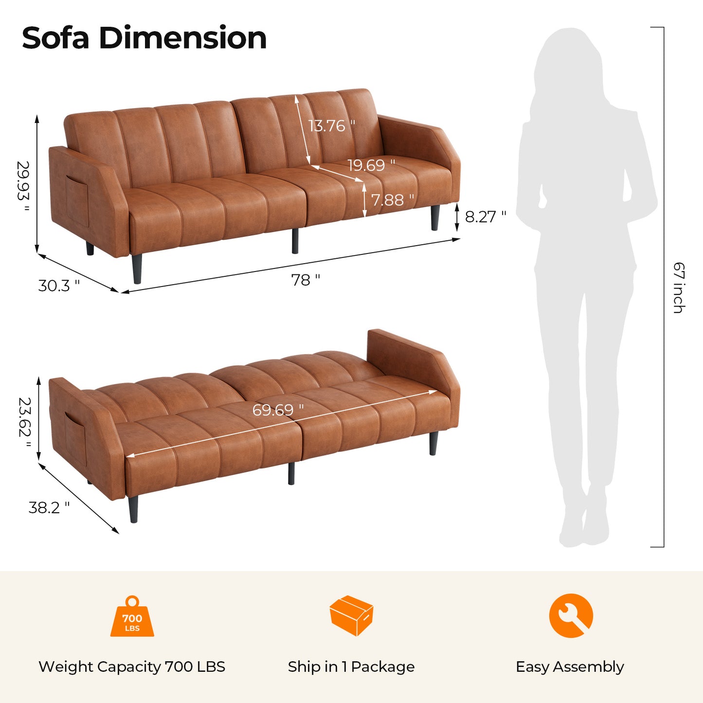 Leather Futon Sofa Bed Couch, Piano Key Design 78“ Queen Futon Set, Adjustable Backrest, Sleeper Sofa Couch, Modern Decor Love Seat Couches, Upholstered Loveseat for Living Room, Bedroom,Orange