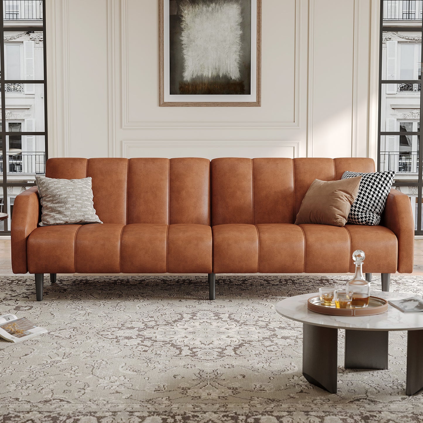 Leather Futon Sofa Bed Couch, Piano Key Design 78“ Queen Futon Set, Adjustable Backrest, Sleeper Sofa Couch, Modern Decor Love Seat Couches, Upholstered Loveseat for Living Room, Bedroom,Orange