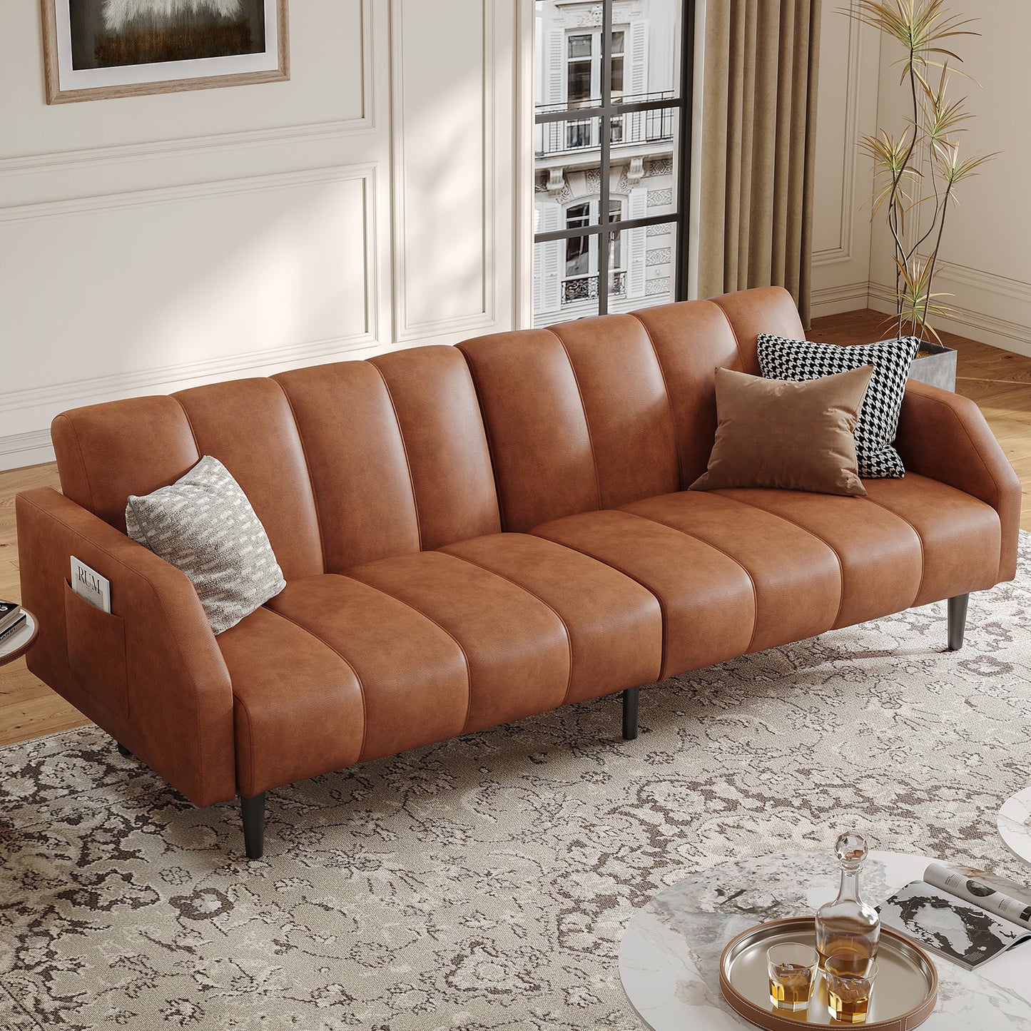 Leather Futon Sofa Bed Couch, Piano Key Design 78“ Queen Futon Set, Adjustable Backrest, Sleeper Sofa Couch, Modern Decor Love Seat Couches, Upholstered Loveseat for Living Room, Bedroom,Orange
