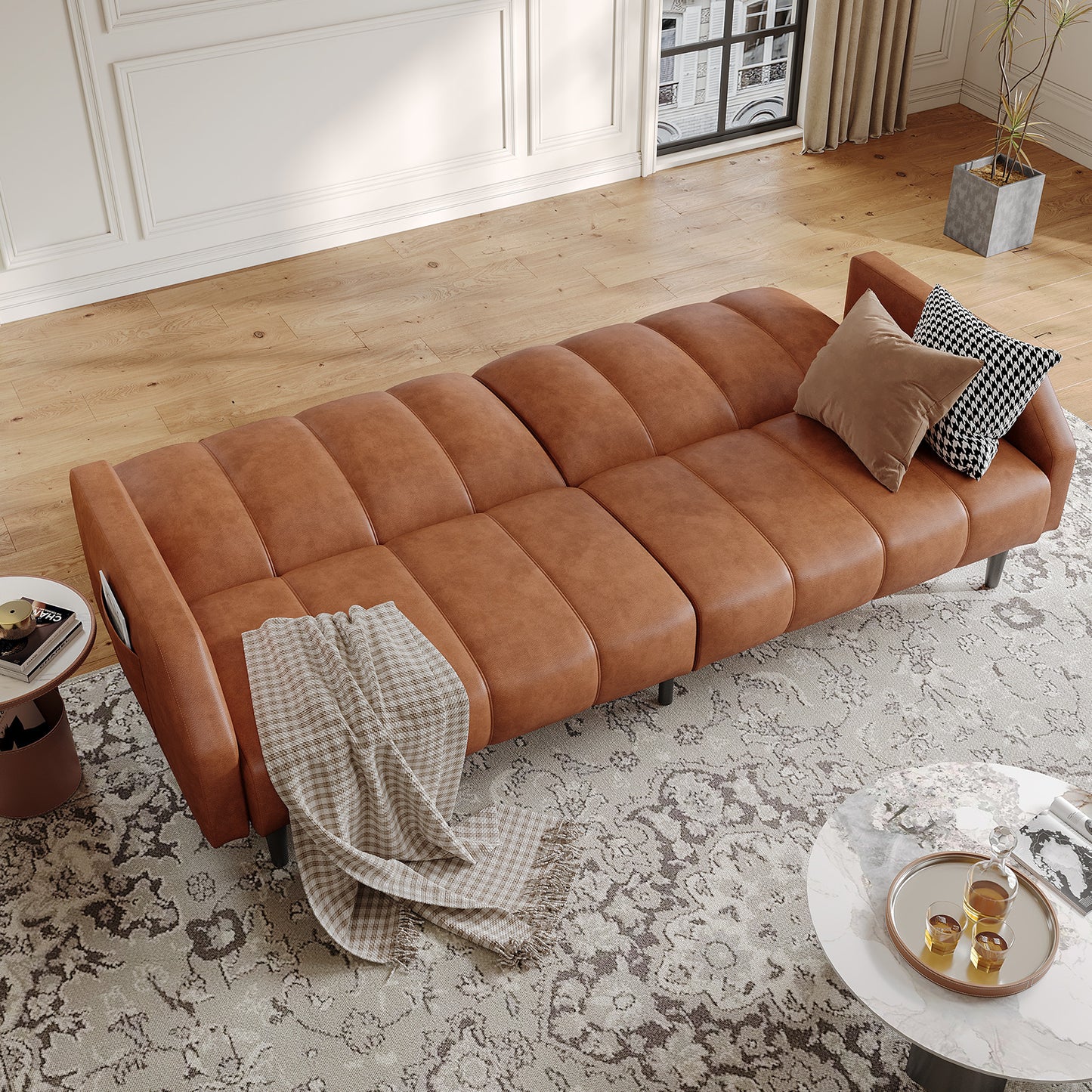 Leather Futon Sofa Bed Couch, Piano Key Design 78“ Queen Futon Set, Adjustable Backrest, Sleeper Sofa Couch, Modern Decor Love Seat Couches, Upholstered Loveseat for Living Room, Bedroom,Orange