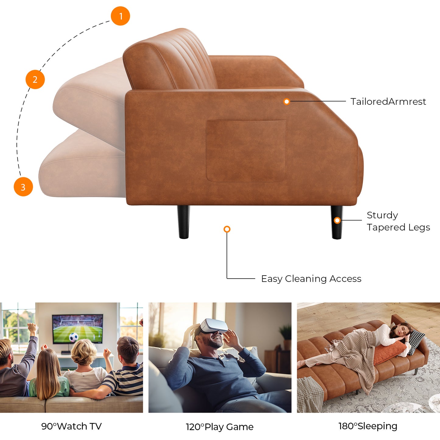 Leather Futon Sofa Bed Couch, Piano Key Design 78“ Queen Futon Set, Adjustable Backrest, Sleeper Sofa Couch, Modern Decor Love Seat Couches, Upholstered Loveseat for Living Room, Bedroom,Orange